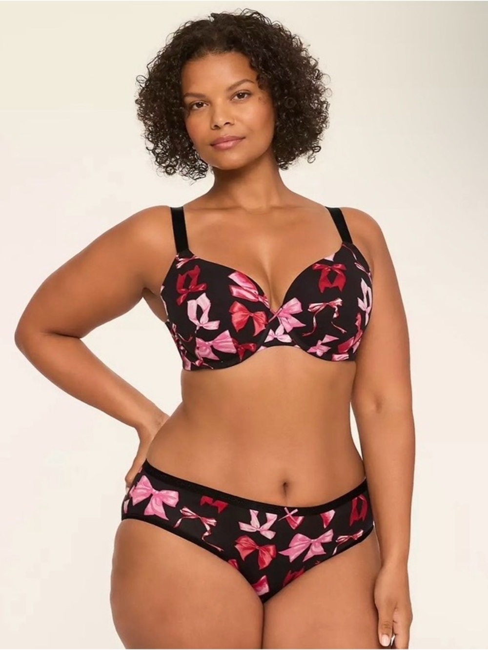 Cacique Cotton Lightly Lined T-Shirt Bra and Hipster Panty Set Pink and Red Bows